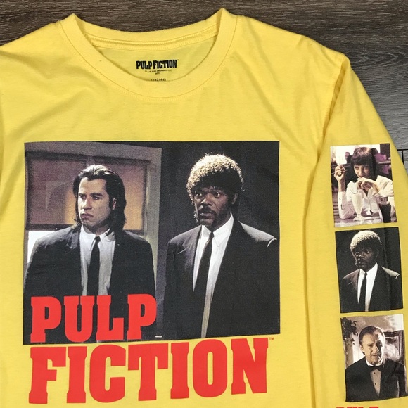 John Travolta & Samuel L. Jackson Pulp Fiction Miramax Mens Yellow Movie T-Shirt - Picture 7 of 8